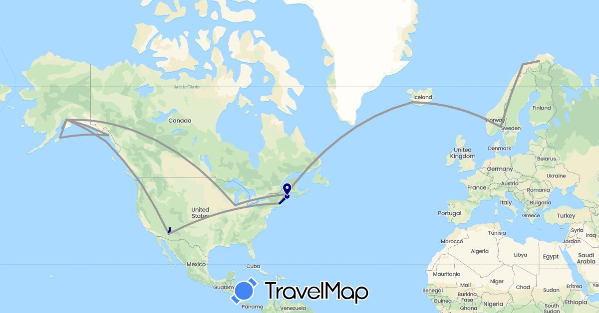 TravelMap itinerary: driving, bus, plane, train, boat in Iceland, Norway, United States (Europe, North America)